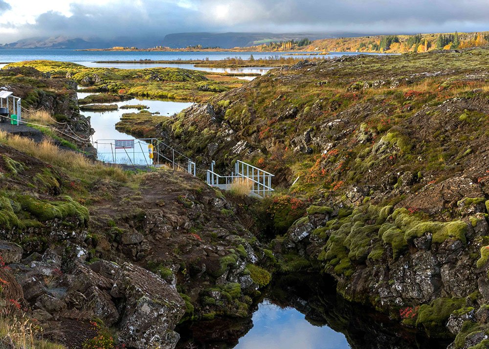A scenic geothermal area in Iceland's Thingvellir Park with steaming hot springs and rugged, moss-covered lava rocks.