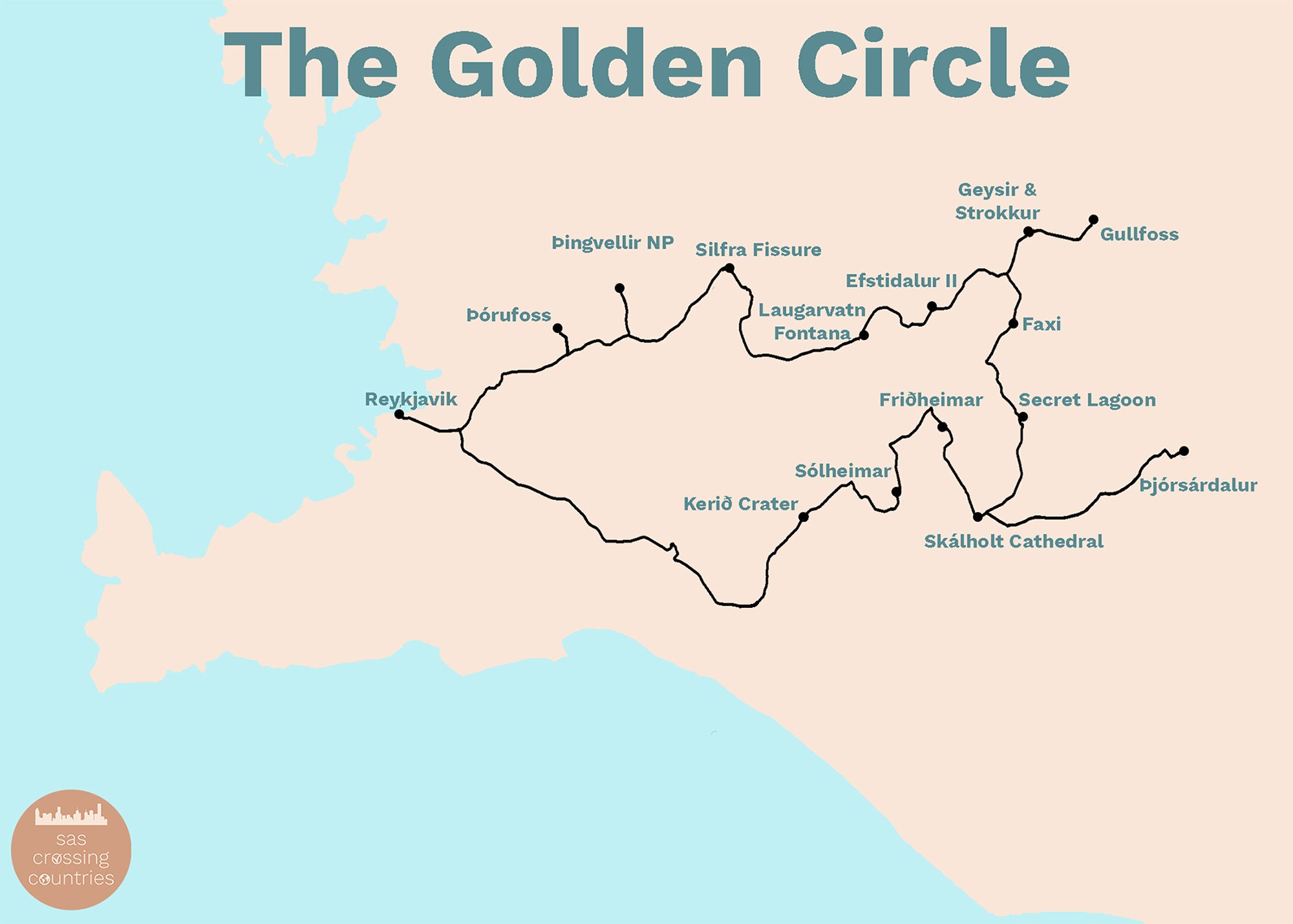 Map of the Golden Circle with the route and all attractions on it.
