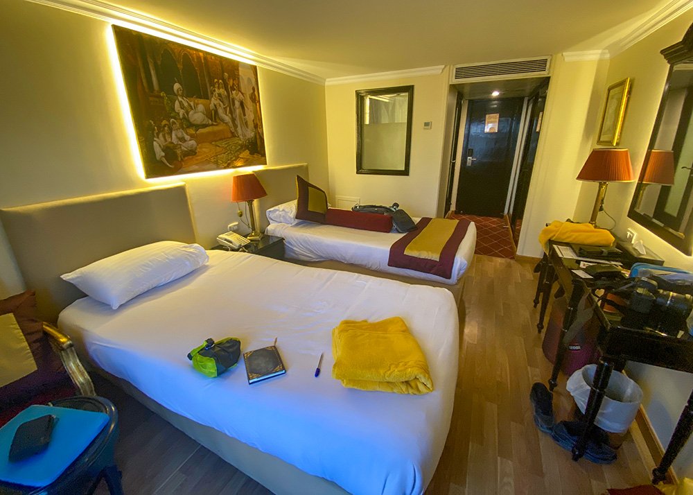 Two single beds with with bedding in a Nile cruise room with a painting above the beds.