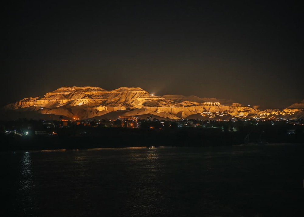 West Bank of luxor lit up in the dark