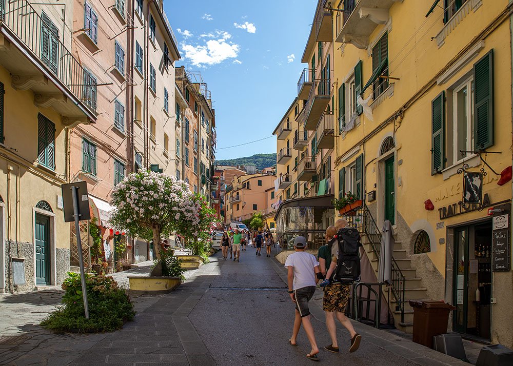 An elevated view of Manarola, one of the Cinque Terre villages, with terraced houses and the blue sea in the background, showing the unique architecture and scenic beauty of the area.
