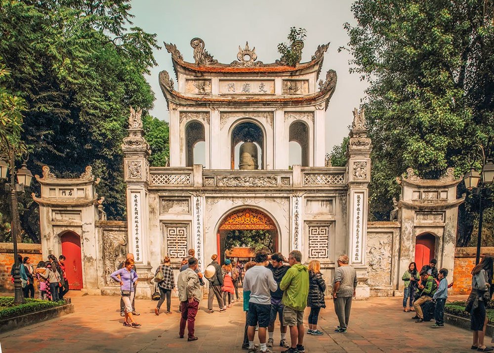 The entrance gate at the Temple of Literature in Hanoi - Vietnam: The majestic entrance gate of the Temple of Literature, adorned with traditional designs.