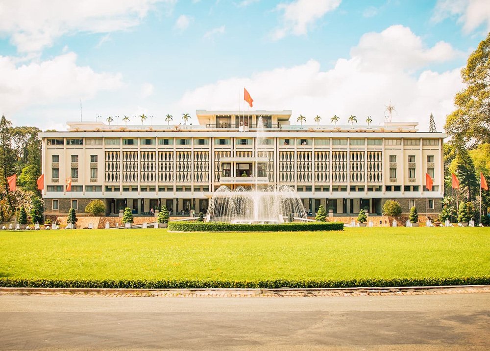 The Reunification Palace in Ho Chi Minh City - Vietnam: The impressive exterior of the Reunification Palace, a historic landmark in Ho Chi Minh City.