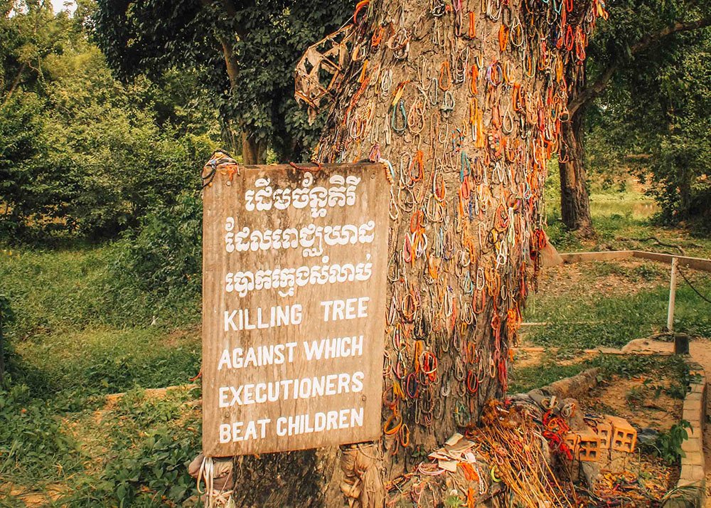 The "Killing Tree" at Choeung Ek Genocidal Center near Phnom Penh, Cambodia, with a sign explaining its grim history. The tree is covered with colorful bracelets left by visitors as a tribute to the victims.