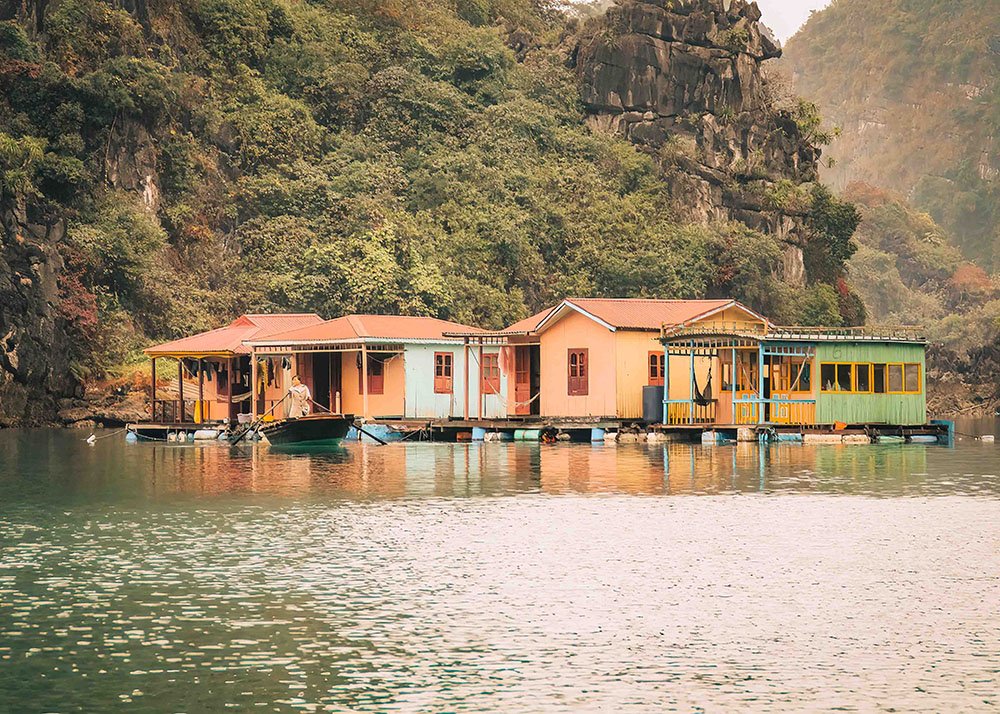 Floating village in Halong Bay: Colorful houses of a floating village in Halong Bay, nestled among lush green cliffs.