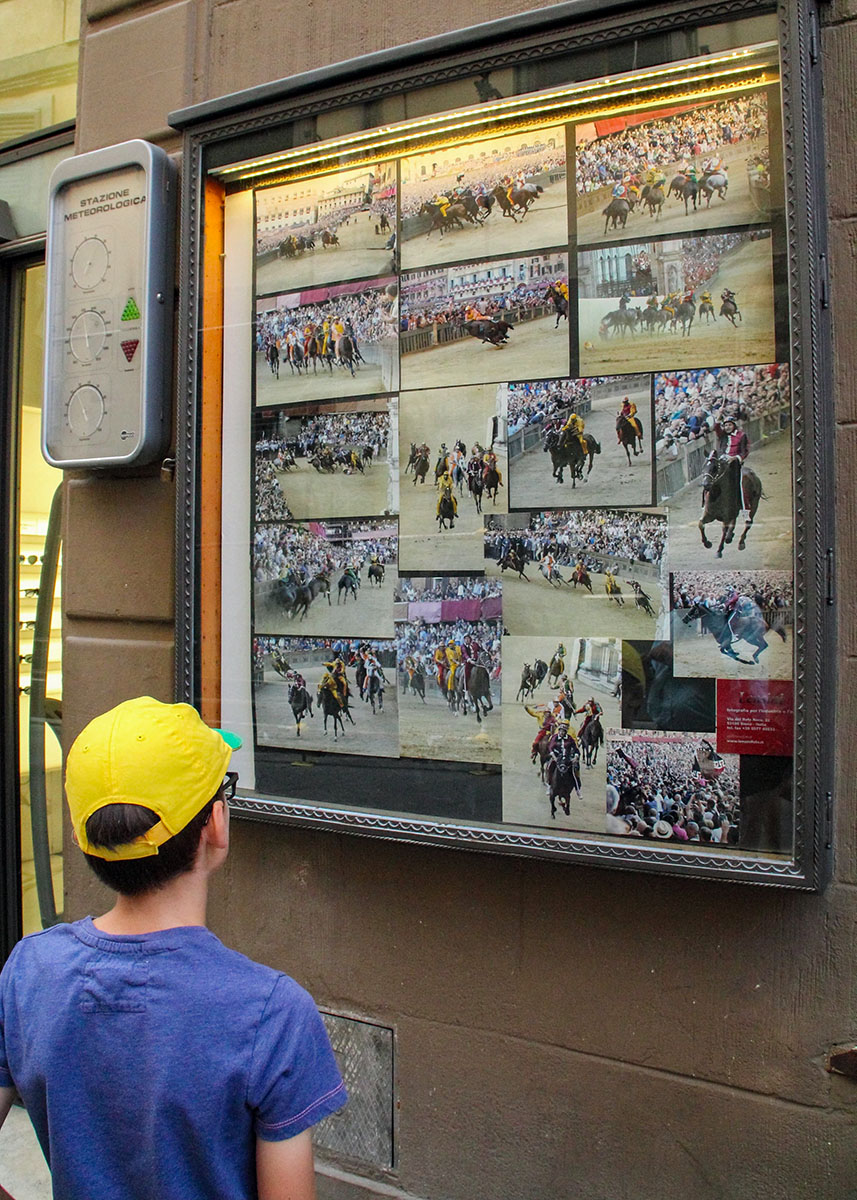 A boy is looking at pictures from past horse races in the center of Siena, right next to the square where they race.