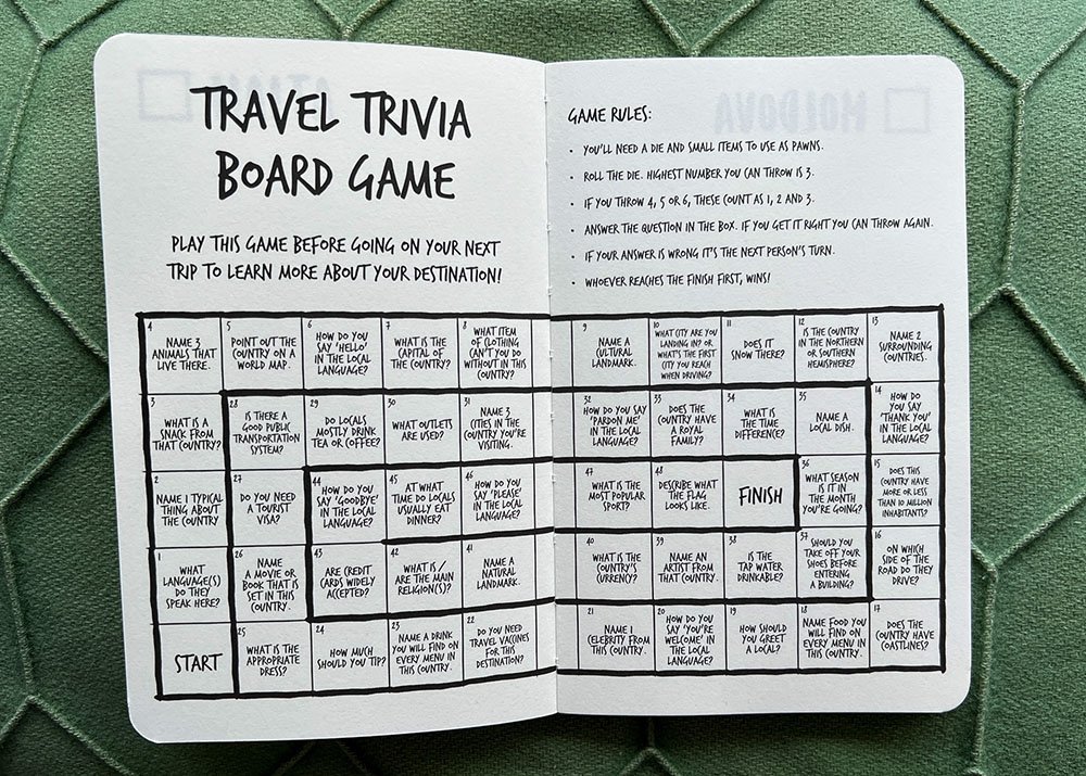 An open page from the Europe Edition of "The Adventure Book" featuring a Travel Trivia Board Game. The game includes various questions about travel destinations, cultural landmarks, and local customs.