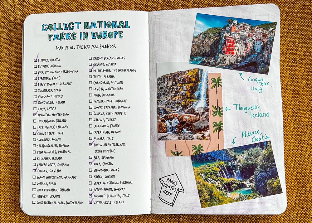 An open page from "The Adventure Book" Europe Edition titled "Collect National Parks In Europe" with a list of parks and spaces for attaching photos. There are photos of Cinque Terre in Italy, Thingvellir in Iceland, and Plitvice in Croatia.