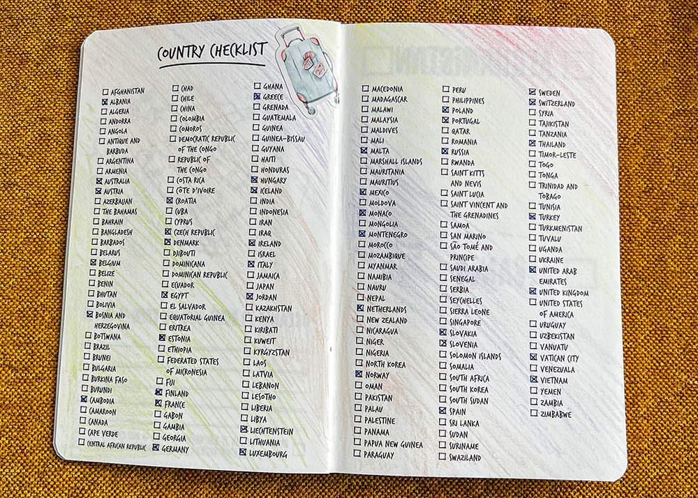 An open page from "The Adventure Book" with a country checklist featuring numerous countries around the world, each with a checkbox next to them. This page allows travelers to track their visits globally.
