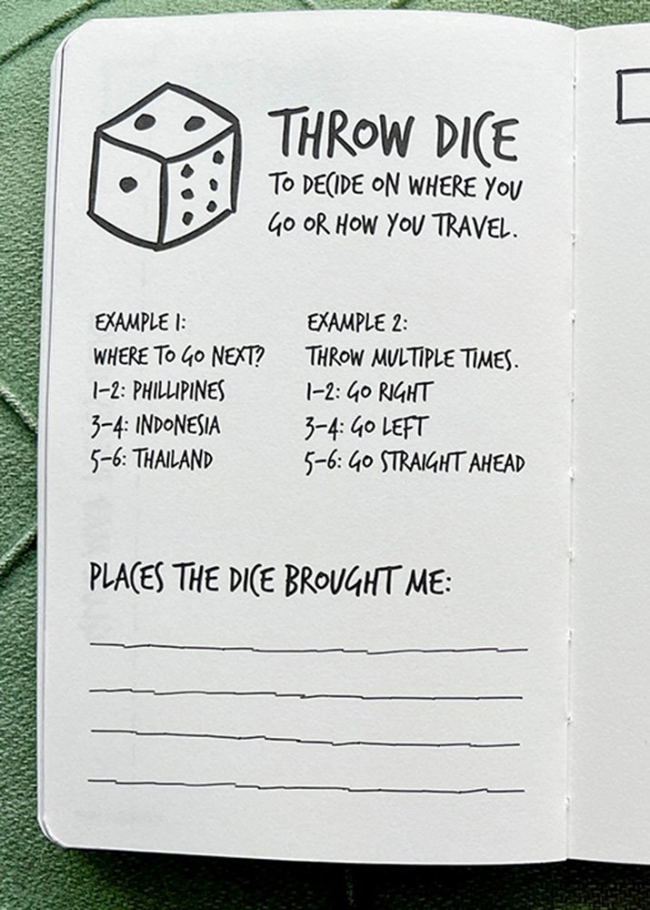 An open page from "The Adventure Book" featuring a travel game titled "Throw Dice" with instructions on using dice to decide travel destinations or travel directions. The destinations listed include the Philippines, Indonesia, and Thailand.
