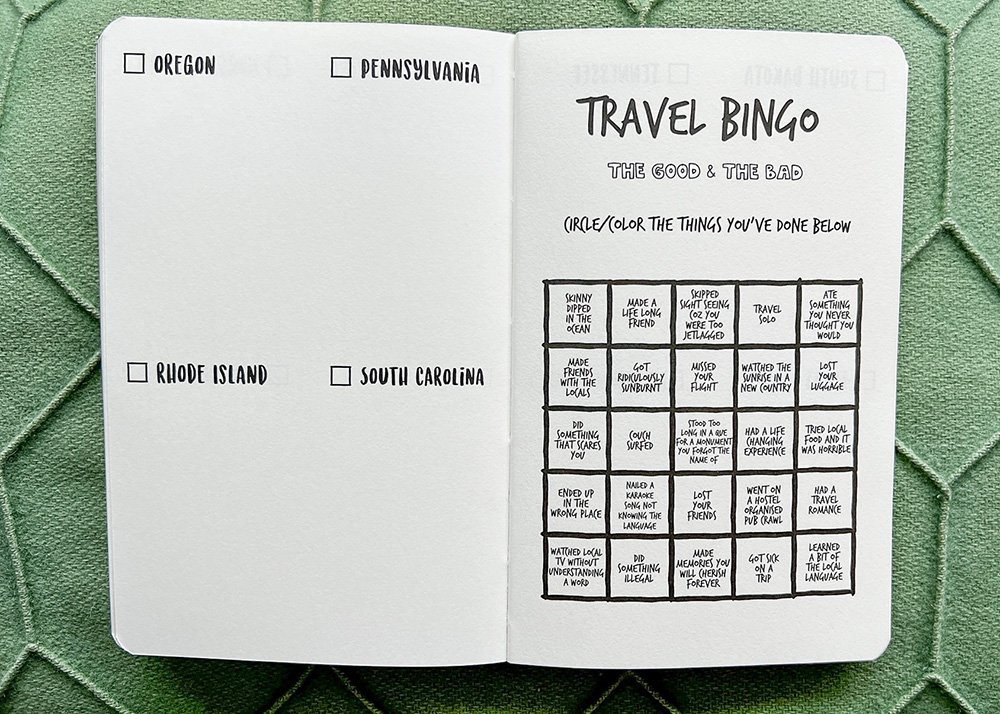 An open page from the Europe Edition of "The Adventure Book" featuring a Bingo card. The game includes various icons of travel related things like cultural landmarks, and local customs.