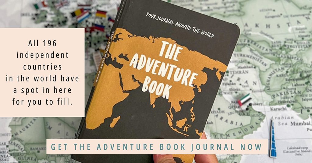 a banner image of The Adventure Book journal and the text "get the adventure book journal now'. Clicking this banner takes you to the product page of this product on the website of The Adventure Book