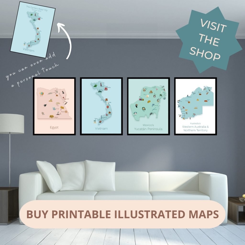 above a couch you see 4 illustrated poster maps of different countries in the colors brown, blue, green and white. This picture leads to the shop page where you can buy illustrated poster maps