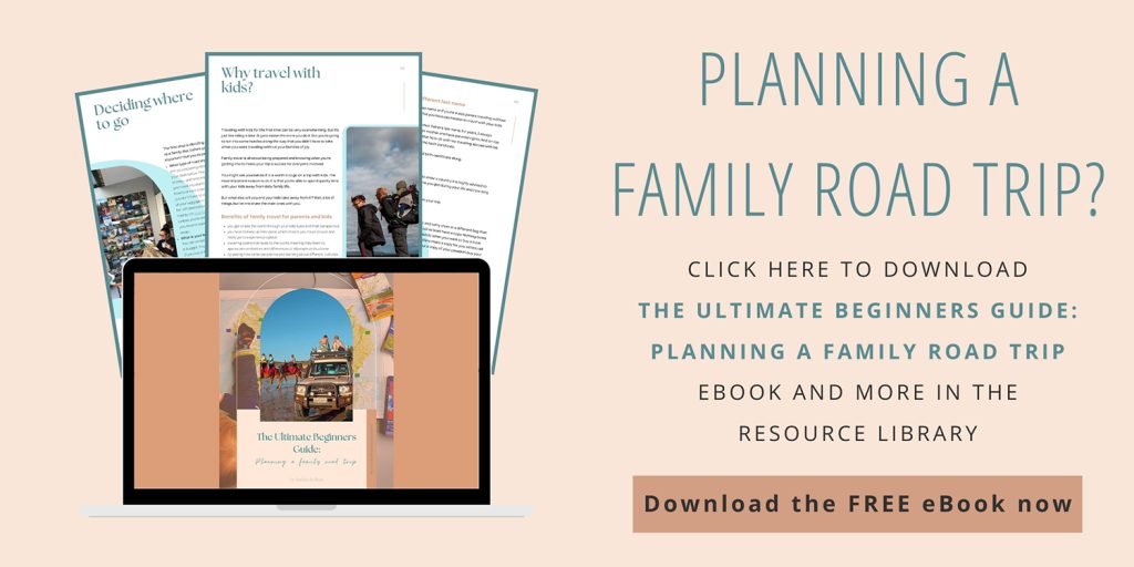 clickable photo with the text Planning a family road trip? Click here to download The Ultimate Beginners Guide: Planning a Family Road Trip ebook and more in the resource library. A mock up of a laptop shows the cover of the ebook and behind it there are 3 small images giving a sneak peek of 3 pages in the book.