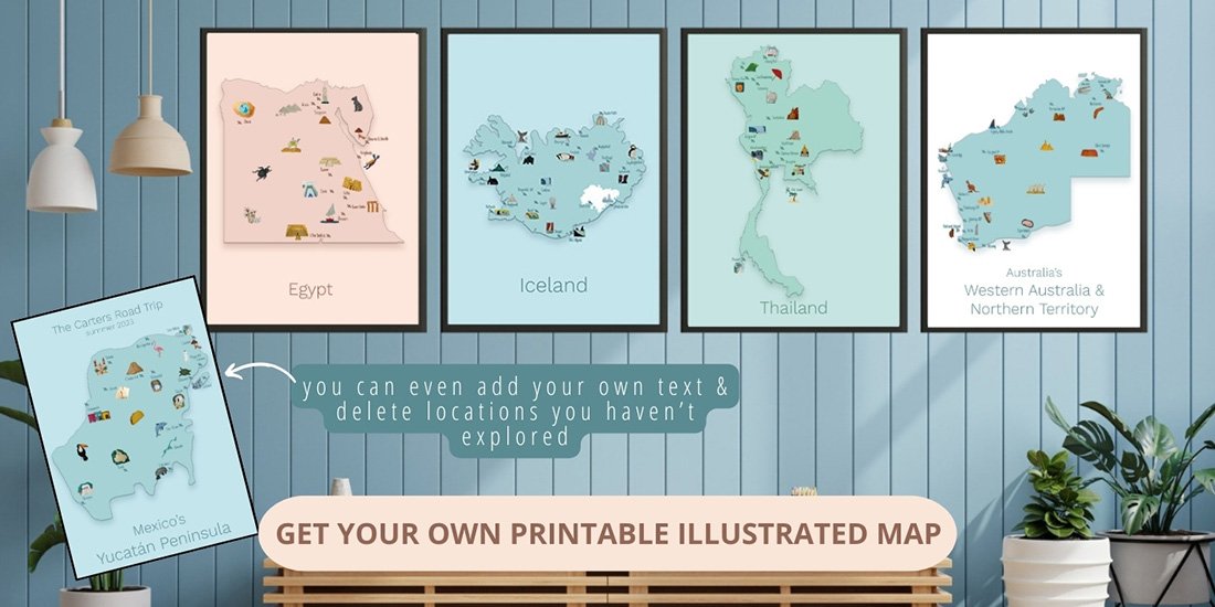 A mock up of a living room with a blue wooden pannel wall and 4 picture frames are filled with illustrated map poster. A brown one of Egypt, a blue one of Iceland, a green one of Thailand and a blue and white one of Australia's Western Australia and Northern Territory. In the corner there's a map of Mexico's Yucatan Peninsula with the text The Carter's Road Trip summer 2023 at the top. An arrow next to this poster with the text "you can even add your own text and delete locations you haven't exlplored" helps customers notice that there is a way to customize the illustrated maps. Lastly, a button with the text "get your own printable illustrated map" is at the bottom of the mock-up. Clicking the button takes you to the shop page with the illustrated maps.