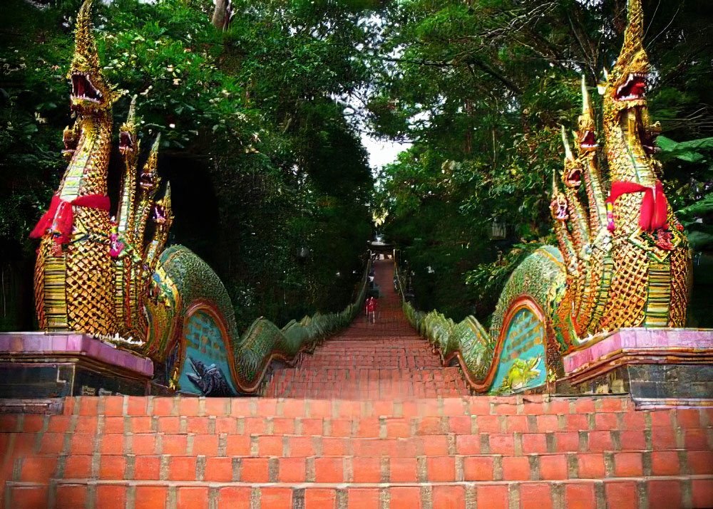A steep staircase guarded by ornate, golden Naga statues leads up through a lush forest.