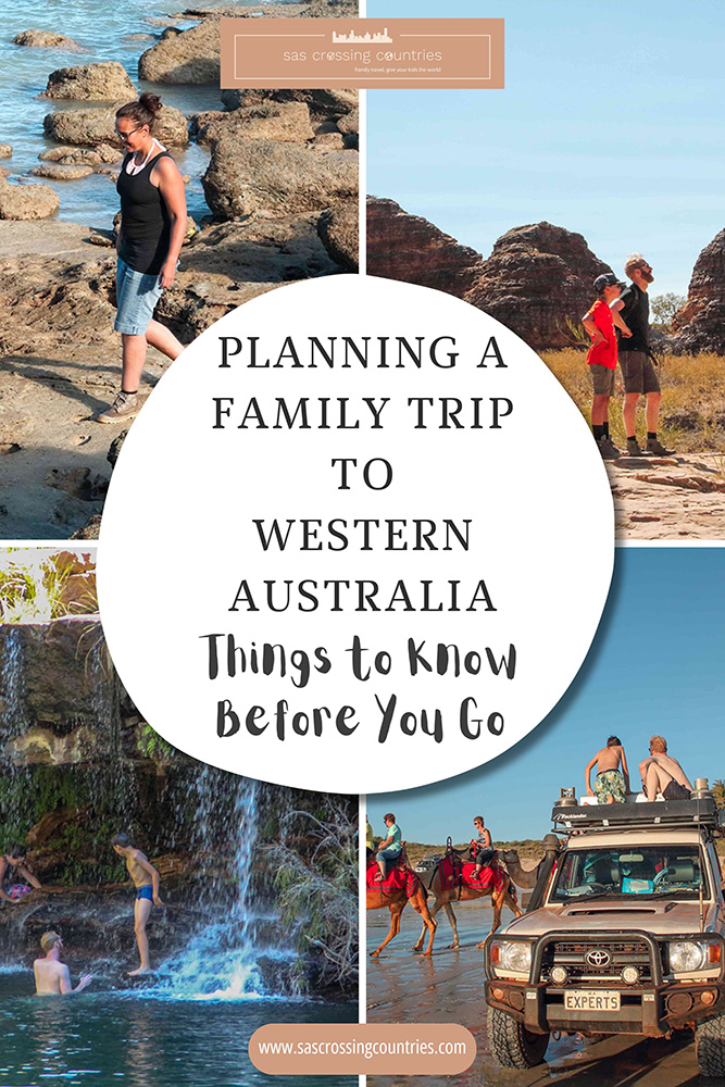 Cover image for a family travel blog post titled "Planning a family trip to Western Australia - things to know before you go" with 4 pictures showcasing the vibe of WA. The blog URL "www.sascrossingcountries.com" is visible at the bottom.