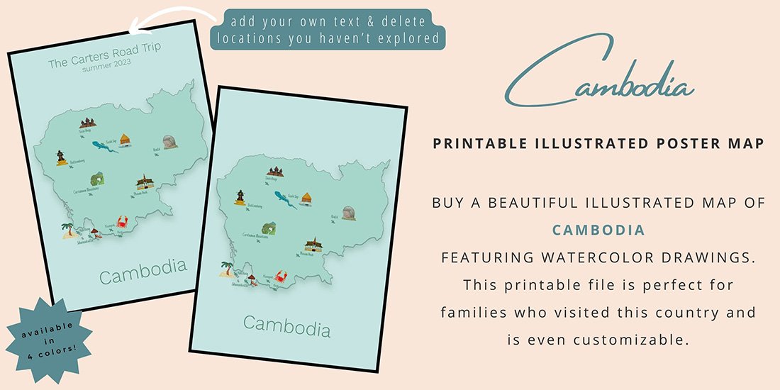 2 green colored illustrated poster maps of Cambodia. One illustrates that you can customize your poster with your name and the other is the standard poster available as a printable in the Sas Crossing Countries Shop. This picture acts as a button that takes you to the Cambodia poster product