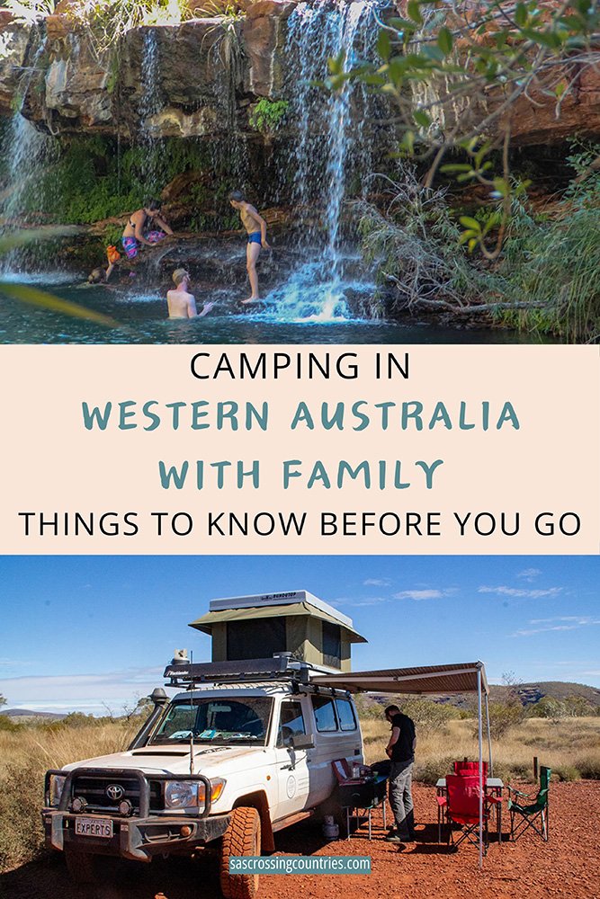 Cover image for a family travel blog post titled "Camping in Western Australia with family: Things to Know Before You Go" showcasing 2 pictures. One of a boy and his father swimming underneath a waterfall and one of a man cooking underneath the awning of a troopy campervan on a camping. The blog URL "sascrossingcountries.com" is visible at the bottom.