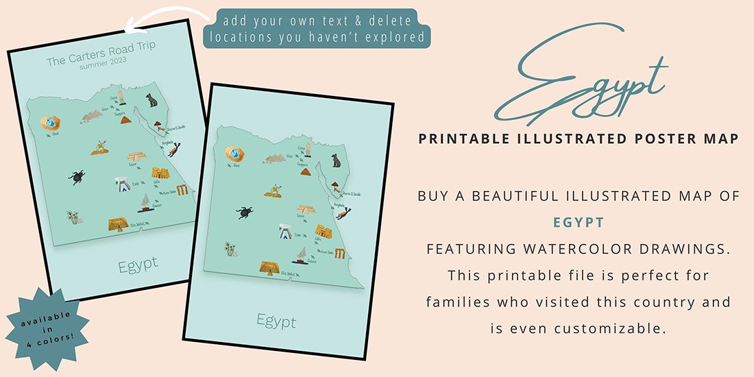 2 green colored illustrated poster maps of Egypt. One illustrates that you can customize your poster with your name and the other is the standard poster available as a printable in the Sas Crossing Countries Shop. This picture acts as a button that takes you to the Egypt poster product