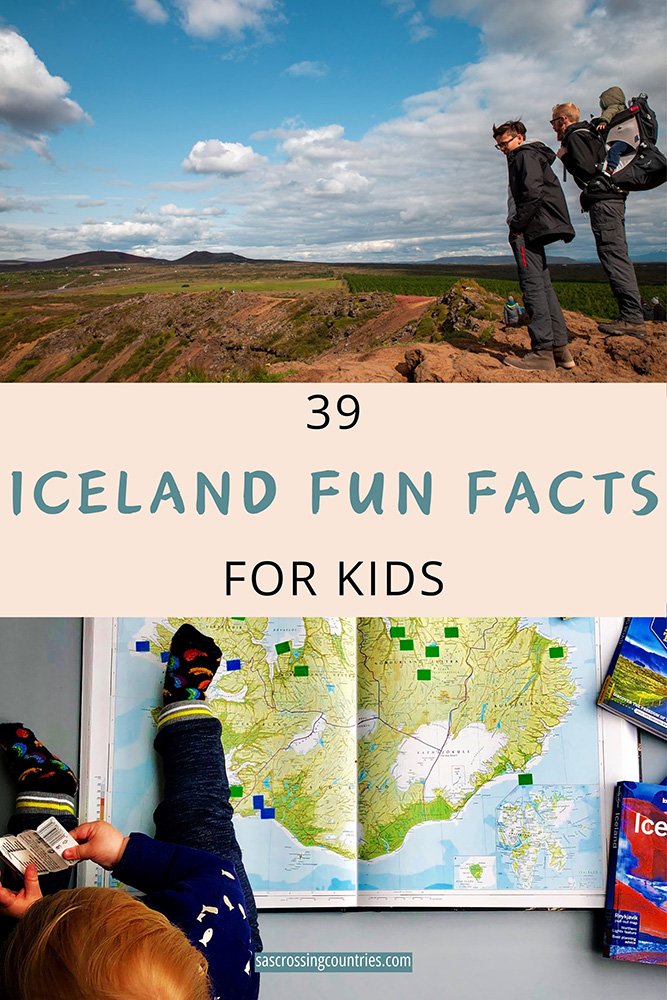 Cover image for a family travel blog post titled "39 Iceland Fun Facts for Kids " showcasing 2 pictures. One of a father with a toddler in a back carrier and a teenage son next to him admiring an Icelandic landscape elephant and one of a toddler with his leg on top of a huge atlas opened on Iceland. The blog URL "sascrossingcountries.com" is visible at the bottom.