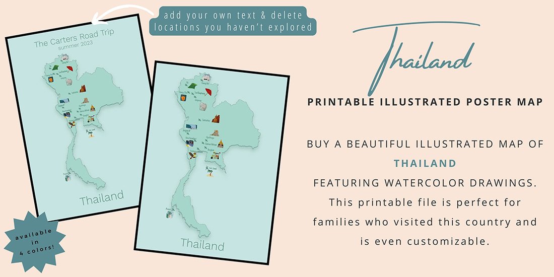 2 green colored illustrated poster maps of Thailand. One illustrates that you can customize your poster with your name and the other is the standard poster available as a printable in the Sas Crossing Countries Shop. This picture acts as a button that takes you to the Thailand poster product