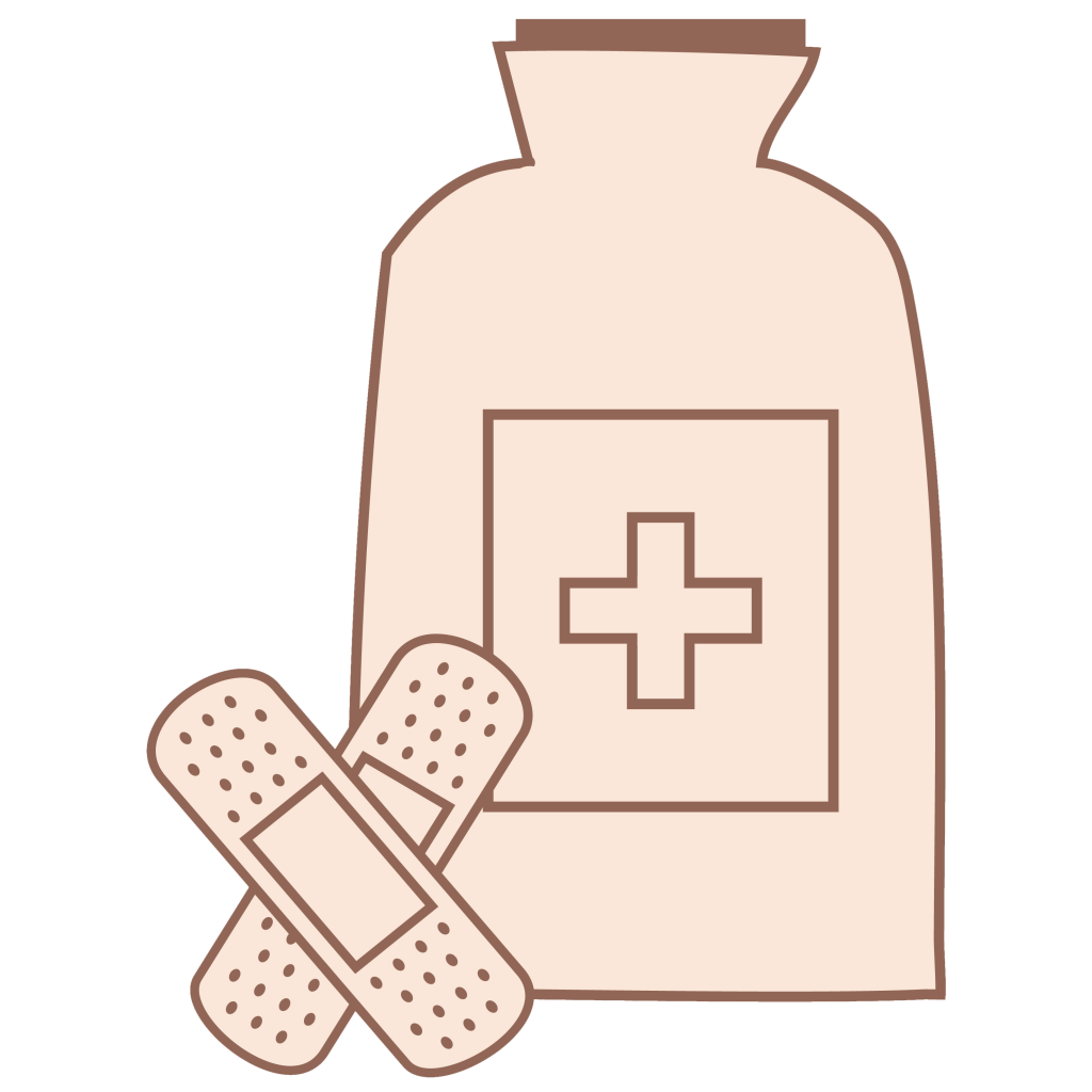 drawing of a pill container and 2 bandages