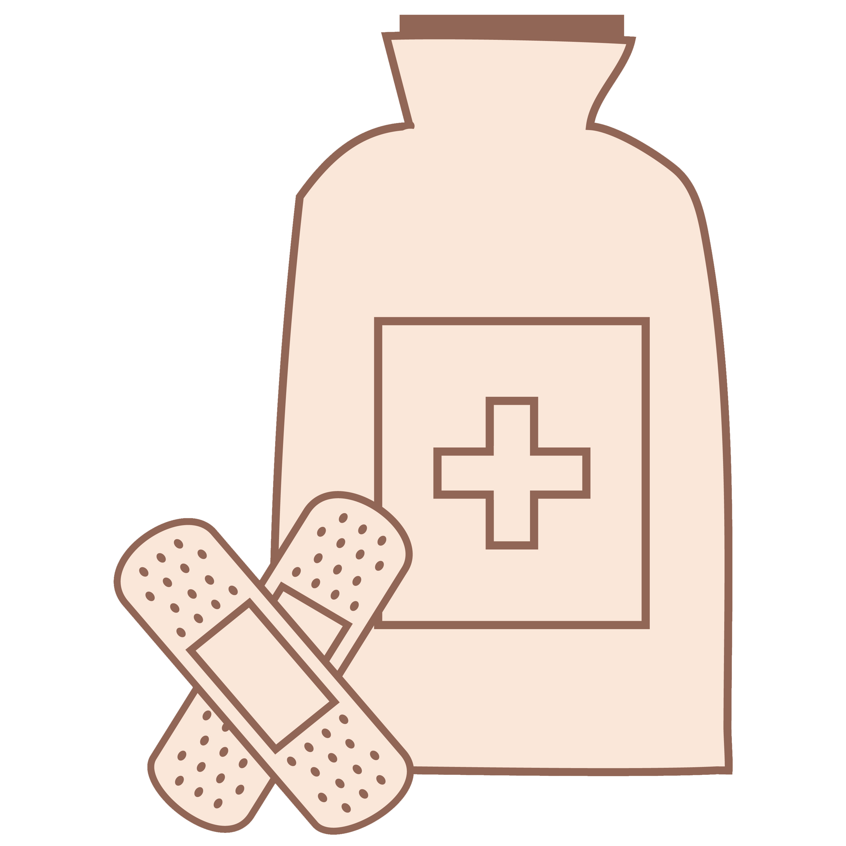 drawing of a pill container and 2 bandages