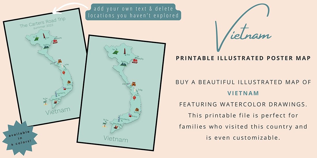 2 green colored illustrated poster maps of Vietnam. One illustrates that you can customize your poster with your name and the other is the standard poster available as a printable in the Sas Crossing Countries Shop. This picture acts as a button that takes you to the Vietnam poster product