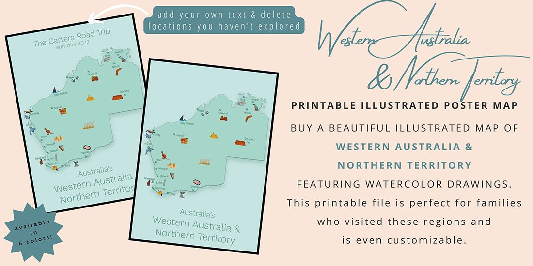 2 green colored illustrated poster maps of Western Australia & Northern Territory in Australia. One illustrates that you can customize your poster with your name and the other is the standard poster available as a printable in the Sas Crossing Countries Shop. This picture acts as a button that takes you to the Western Australia & Northern Territory poster product