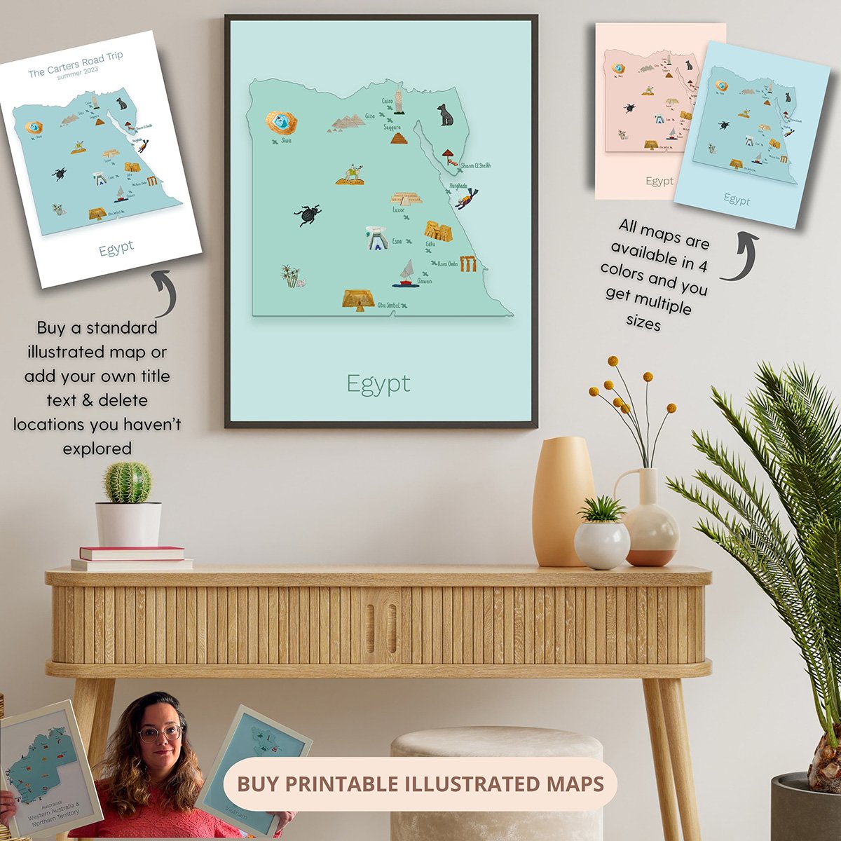 a picture with an illustrated map of egypt in a frame and 3 other versions of the same map in other colors. The one in the frame is green. The others are white, brown and blue. On the map you see hand drawn illustrations and clicking on this picture will take you to the shop page of Sas Crossing Countries.