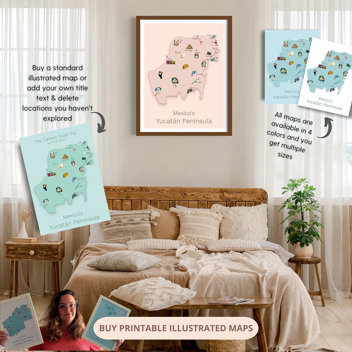 a picture with an illustrated map of Mexico's yucatan peninsula in a frame and 3 other versions of the same map in other colors. The one in the frame is brown. The others are white, green and blue. On the map you see hand drawn illustrations and clicking on this picture will take you to the shop page of Sas Crossing Countries.