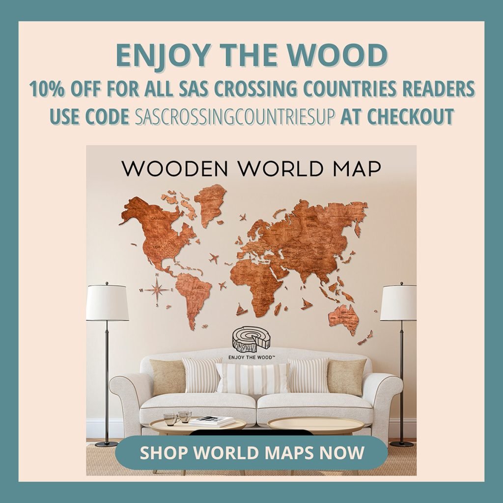 A large wooden world map from Enjoy The Wood is pictured and the text says: "10% off your entire order for all Sas Crossing Countries readers" clicking on this picture leads to the Enjoy the Wood website where you