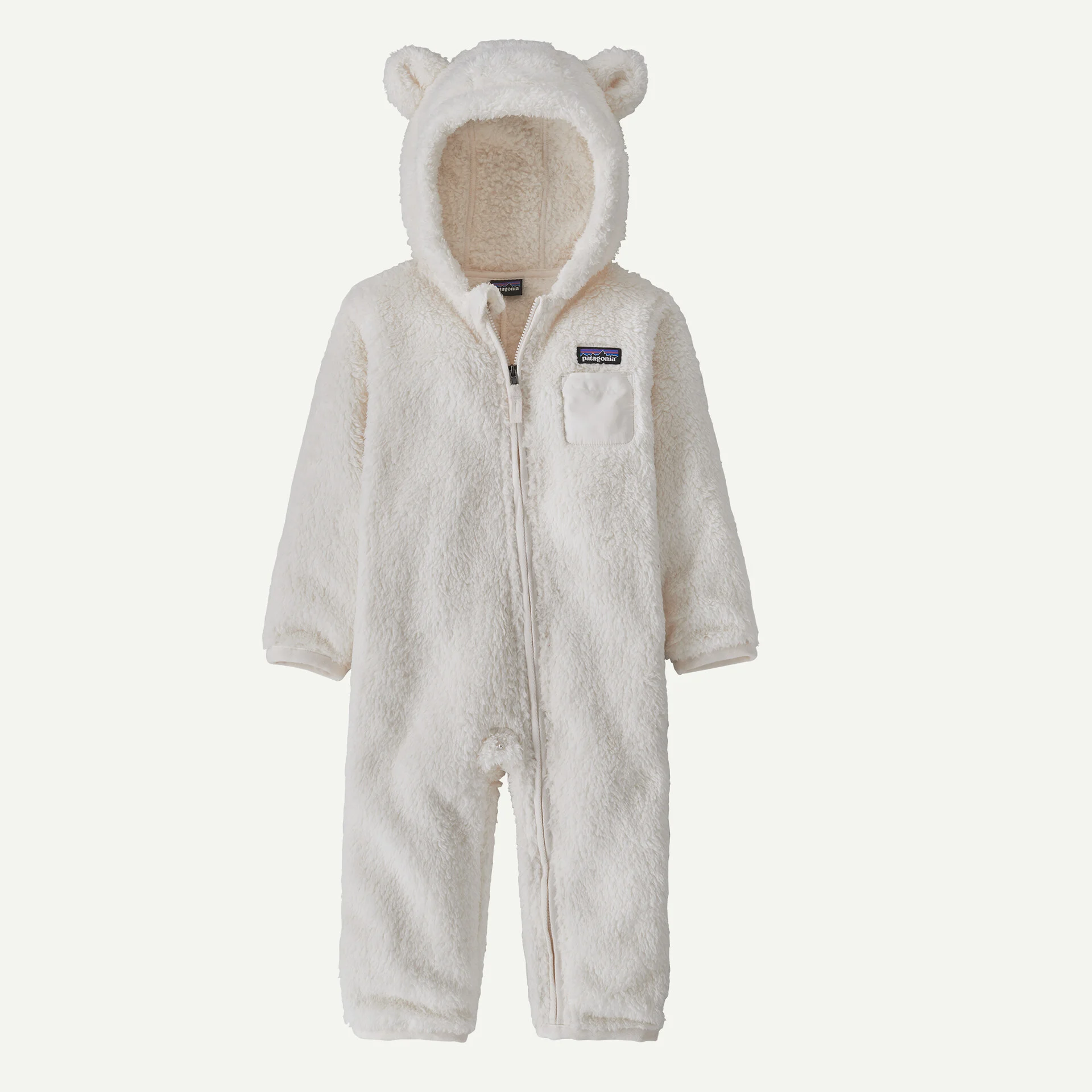 A product image for a baby fleece onesie with hoody and bunny ears from the brand Patagonia. Clicking this image will take you to the product page