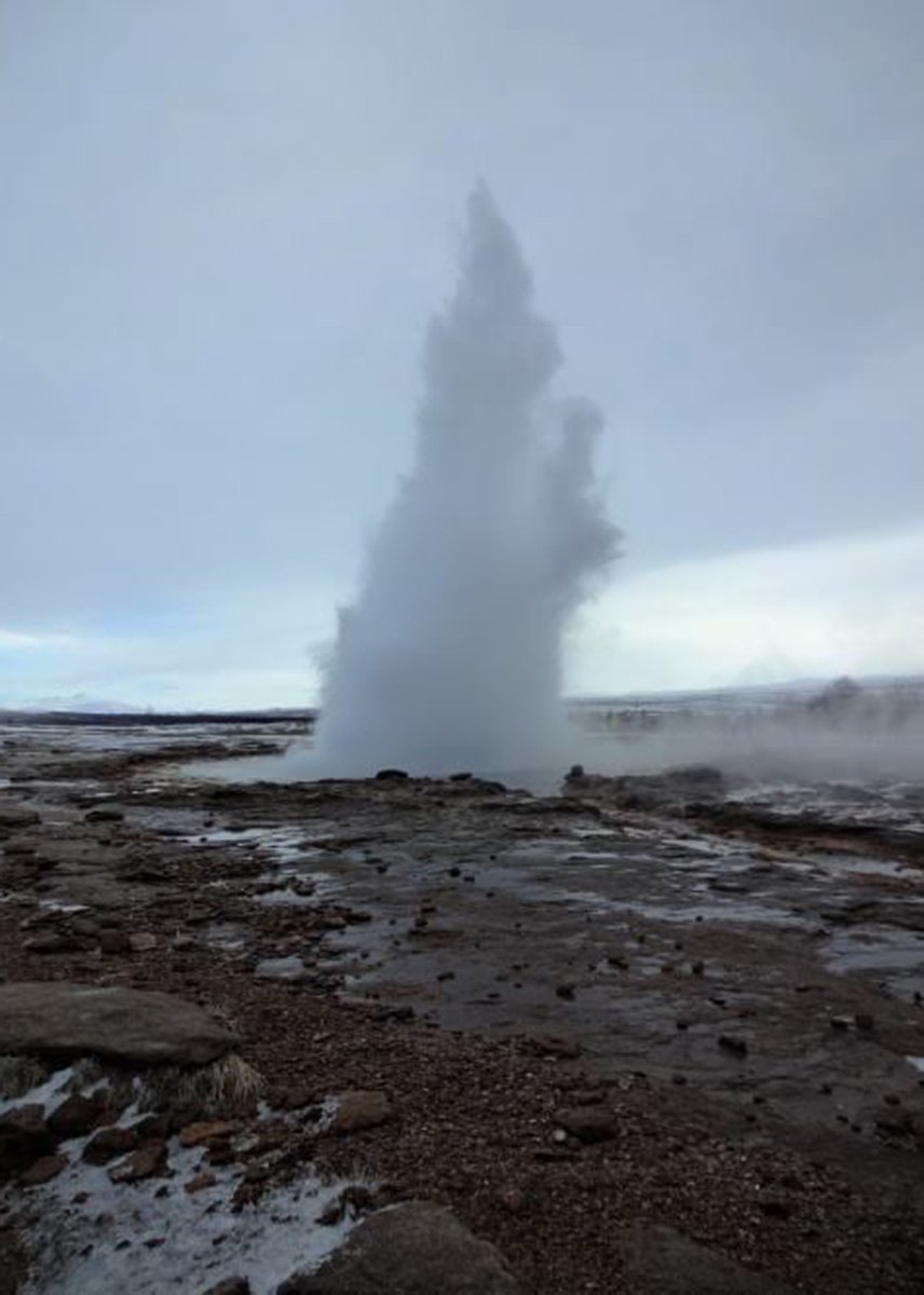 Strokkur erupting in the background small hills are covered in snow