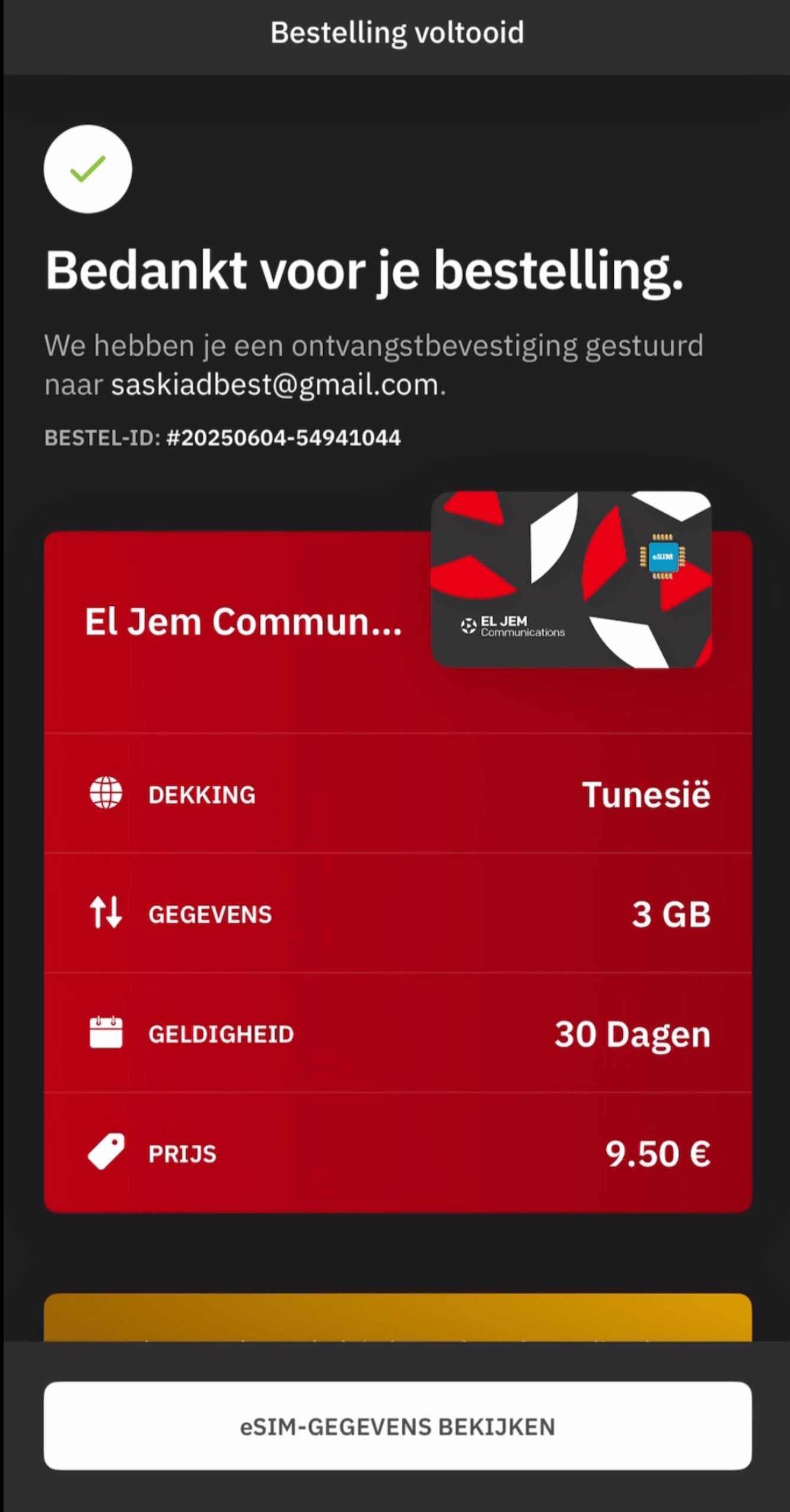 Confirmation screen from Airalo in Dutch, showing successful eSIM purchase for Tunisia with 3GB data valid for 30 days. Demonstrates seamless buying experience for the best eSIM for international travel Airalo vs Saily decision.