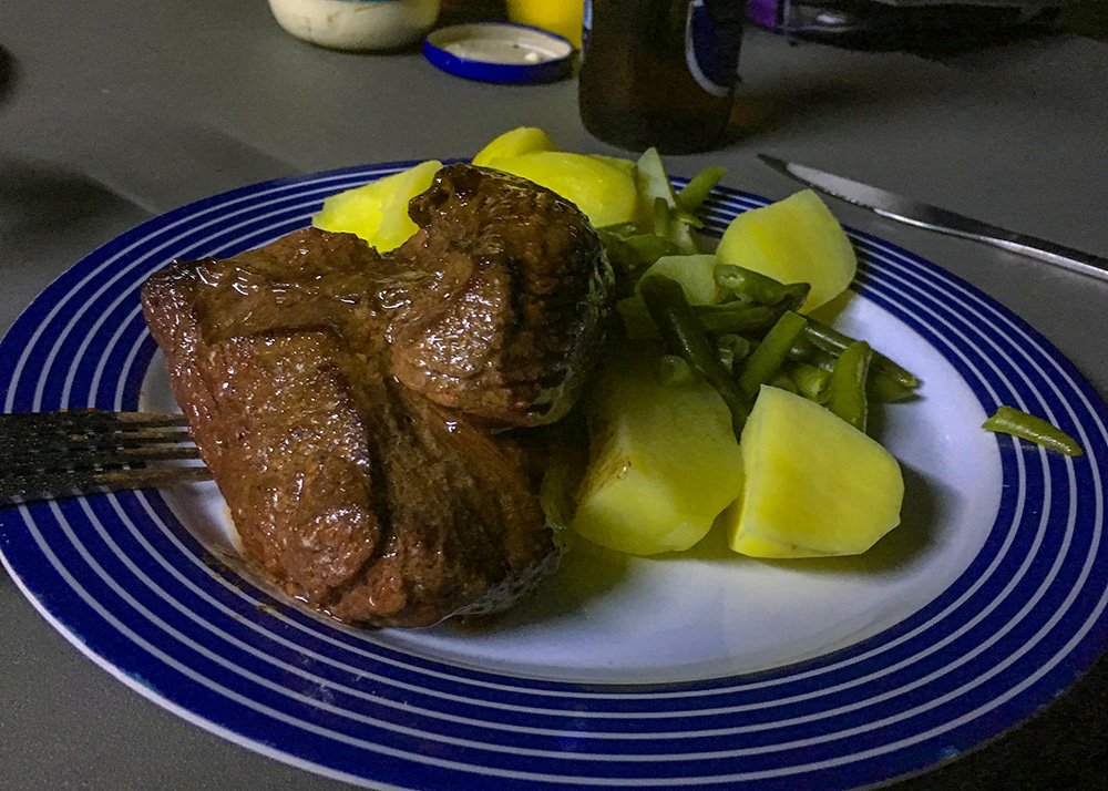 A dark blue and white plate is filled with green beans, cooked potatoes and a kangaroo steak