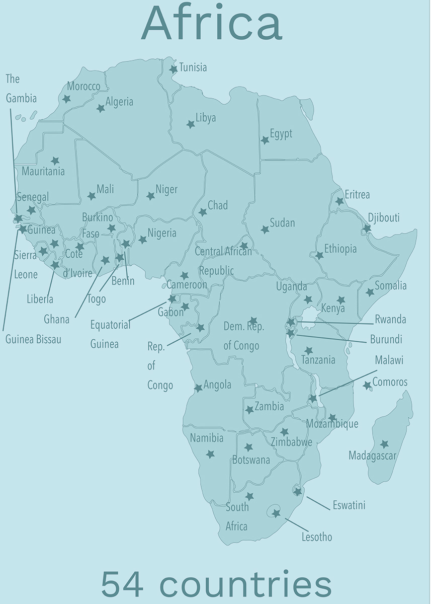 Blue toned map of Africa with all the countries on it