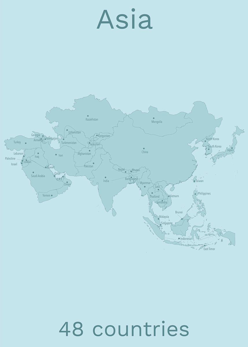 Blue toned map of Asia with all the countries on it