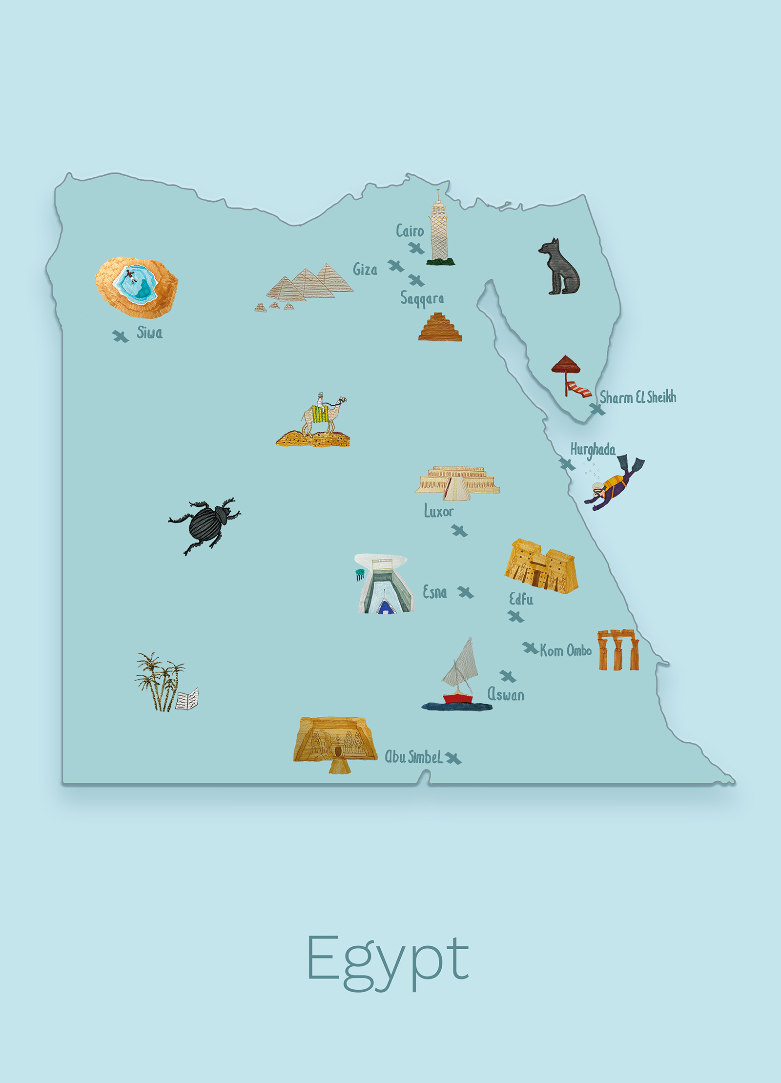 Illustrated itinerary map of Egypt with hand drawn illustrations