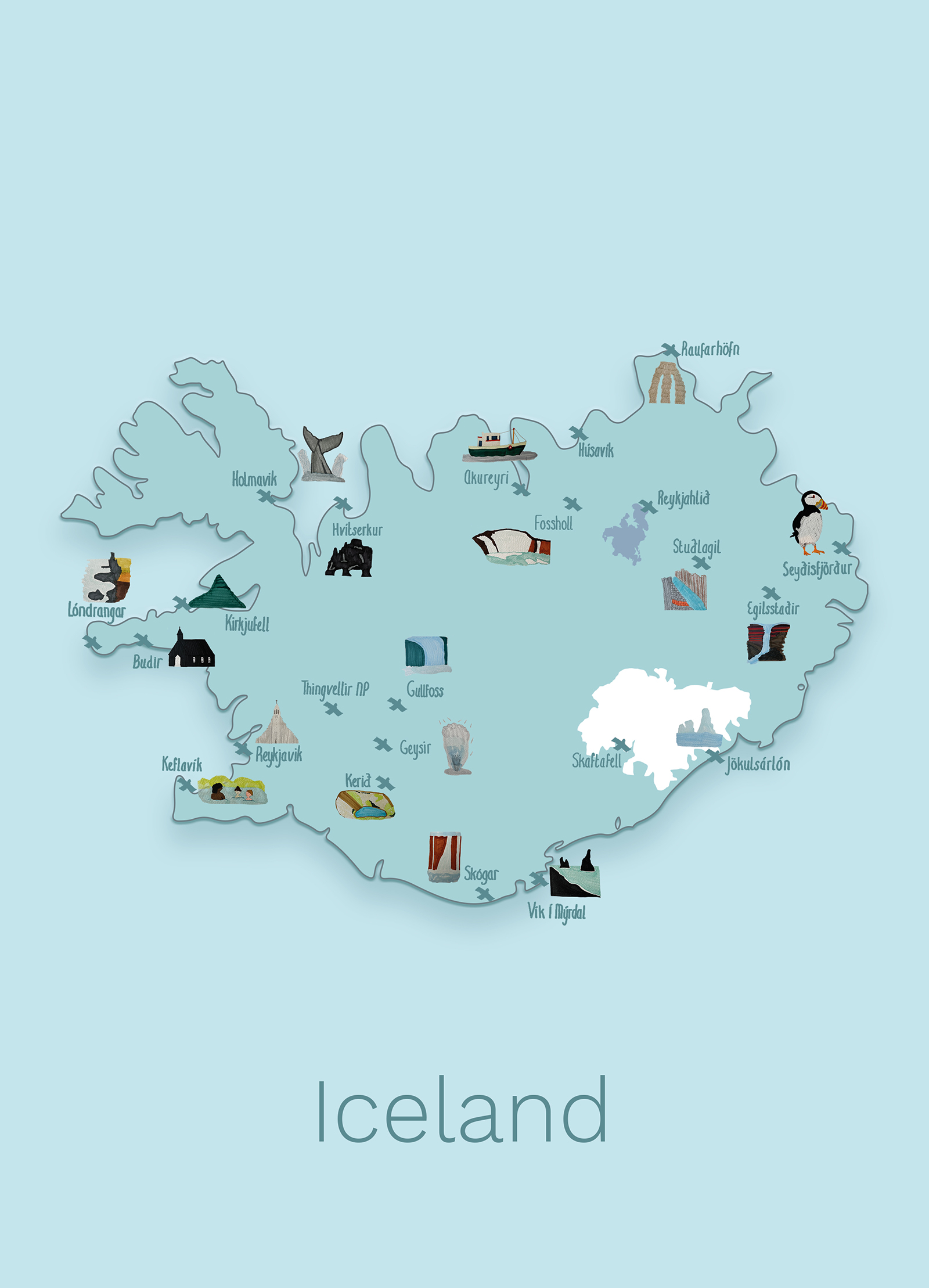 Illustrated itinerary map of Iceland with hand drawn illustrations