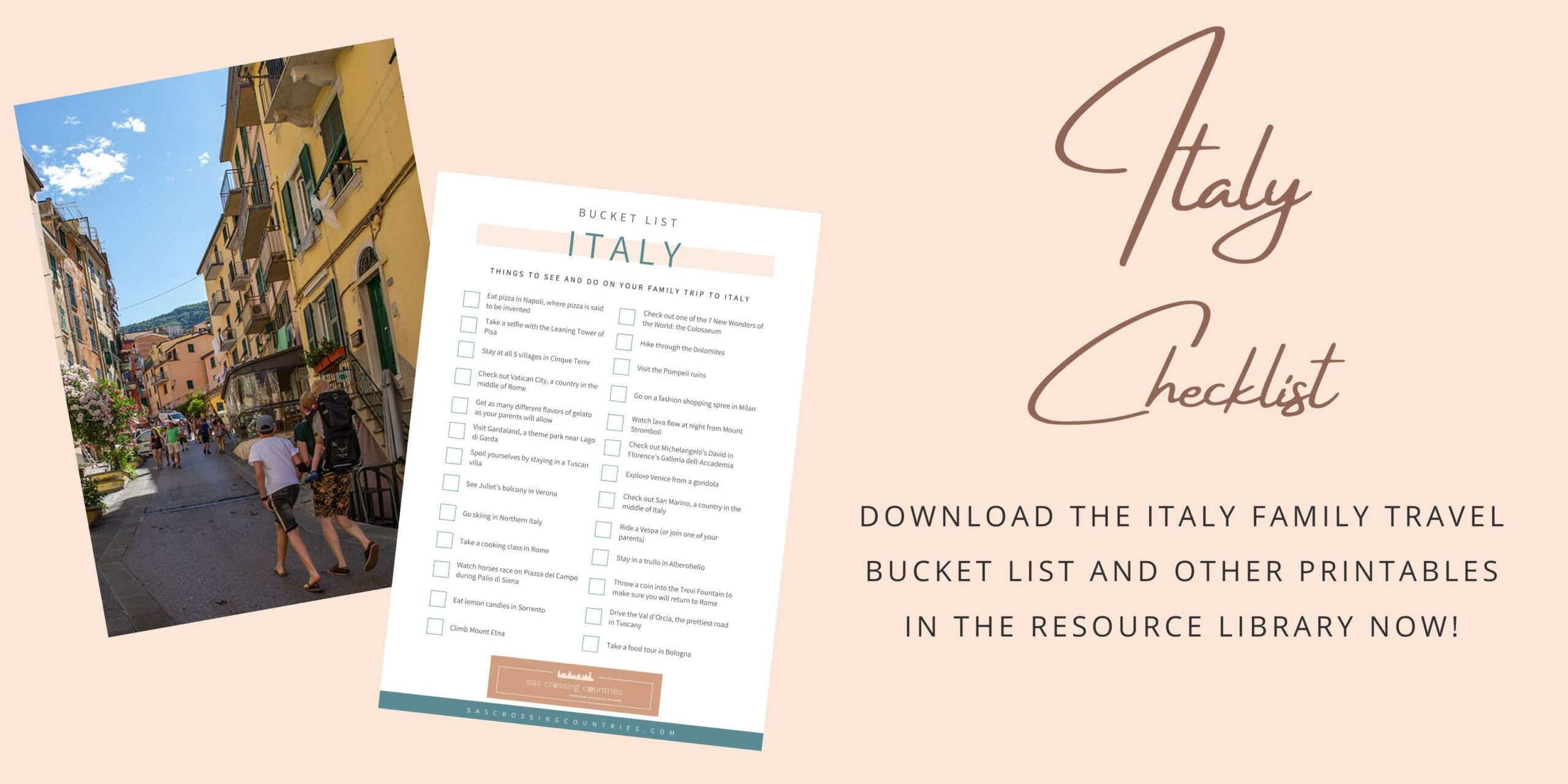 Banner saying: Download my FREE printable Italy bucket list. With a picture of the bucket list