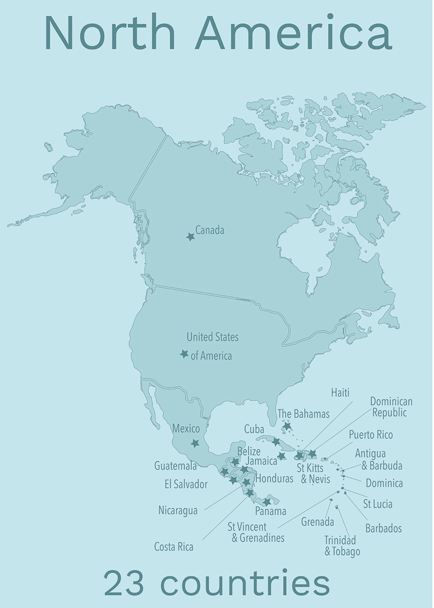 Blue toned map of North America with all the countries on it