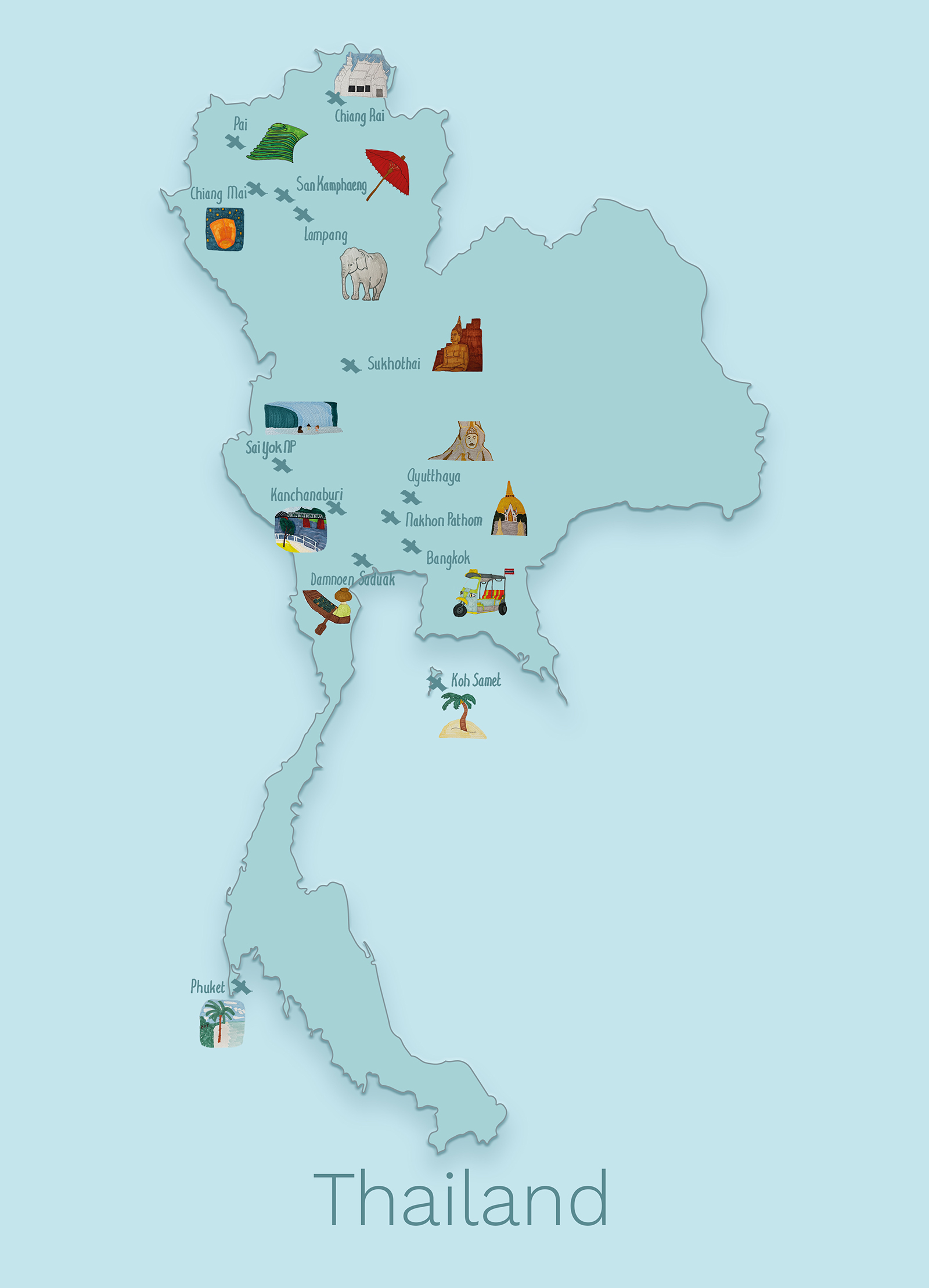 Illustrated itinerary map of Thailand with hand drawn illustrations