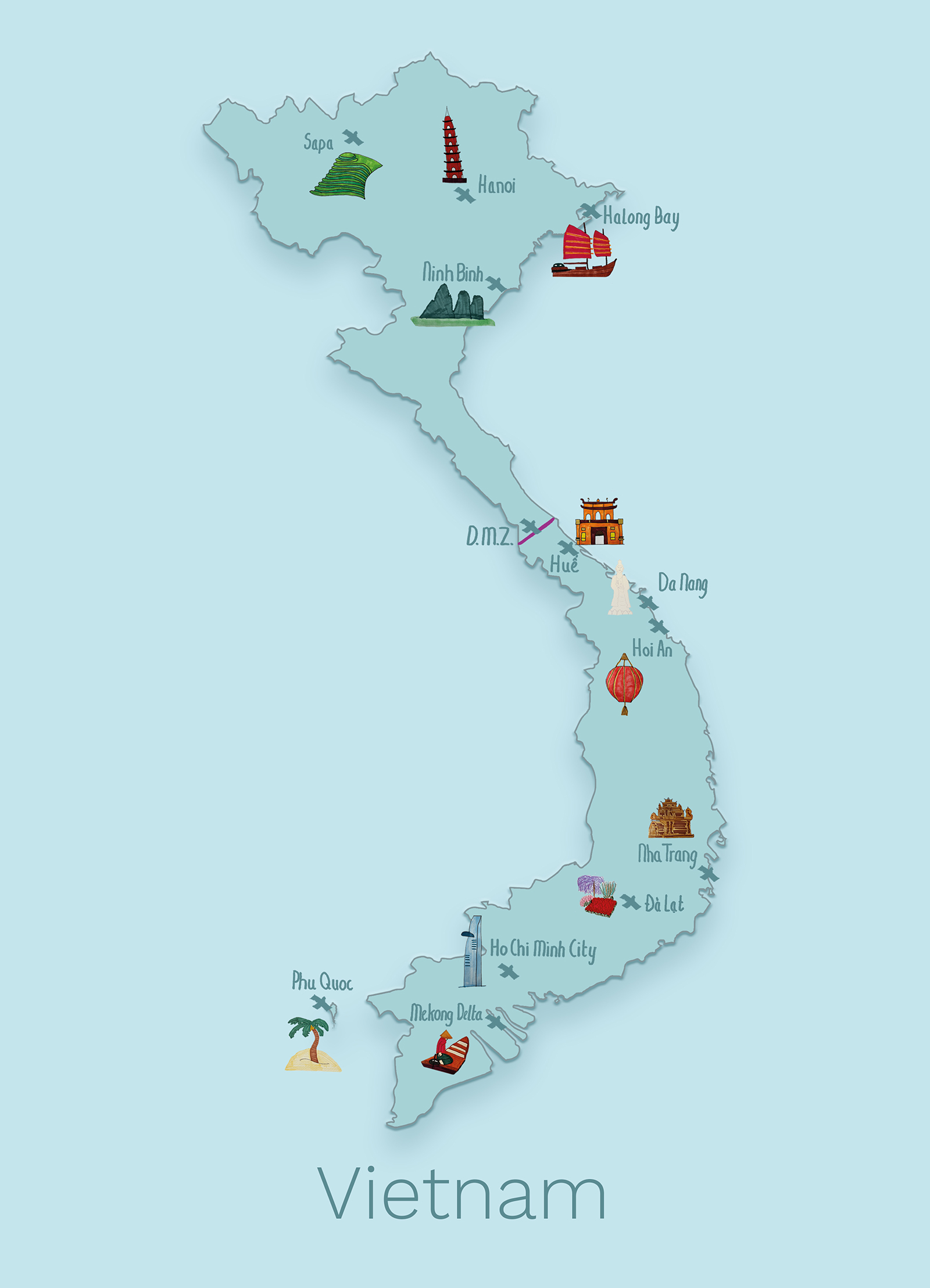 Illustrated itinerary map of Vietnam with hand drawn illustrations