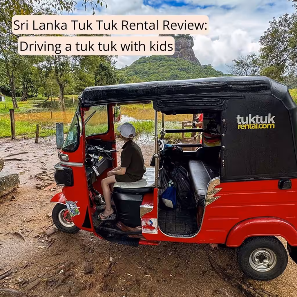 Cover image with the text "Sri Lanka Tuk Tuk Rental Review: driving a tuk tuk with kids" clicking this image will bring you to this post on Sas Crossing Countries.