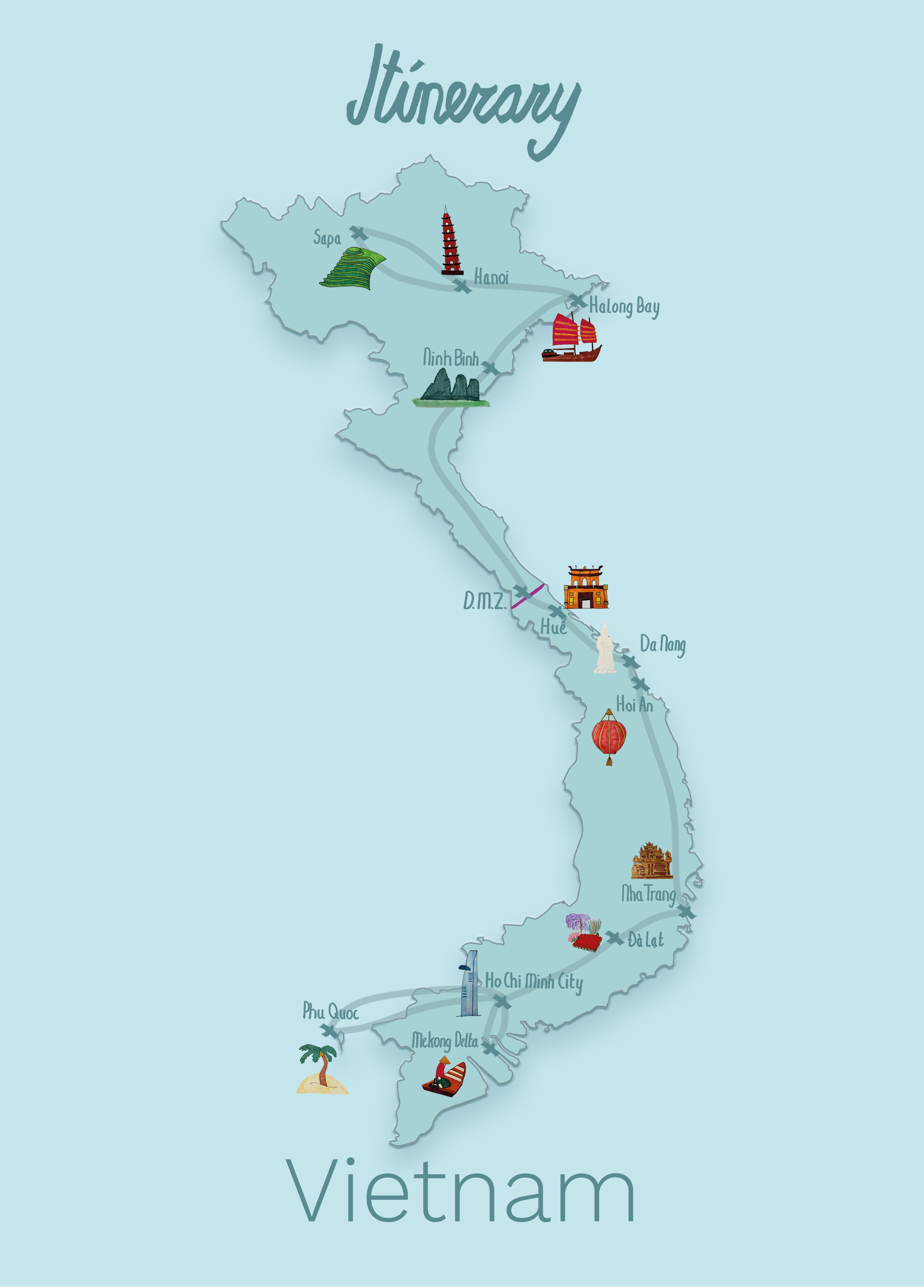 An illustrated itinerary map of Vietnam: A detailed illustrated map showing the road trip itinerary through Vietnam.