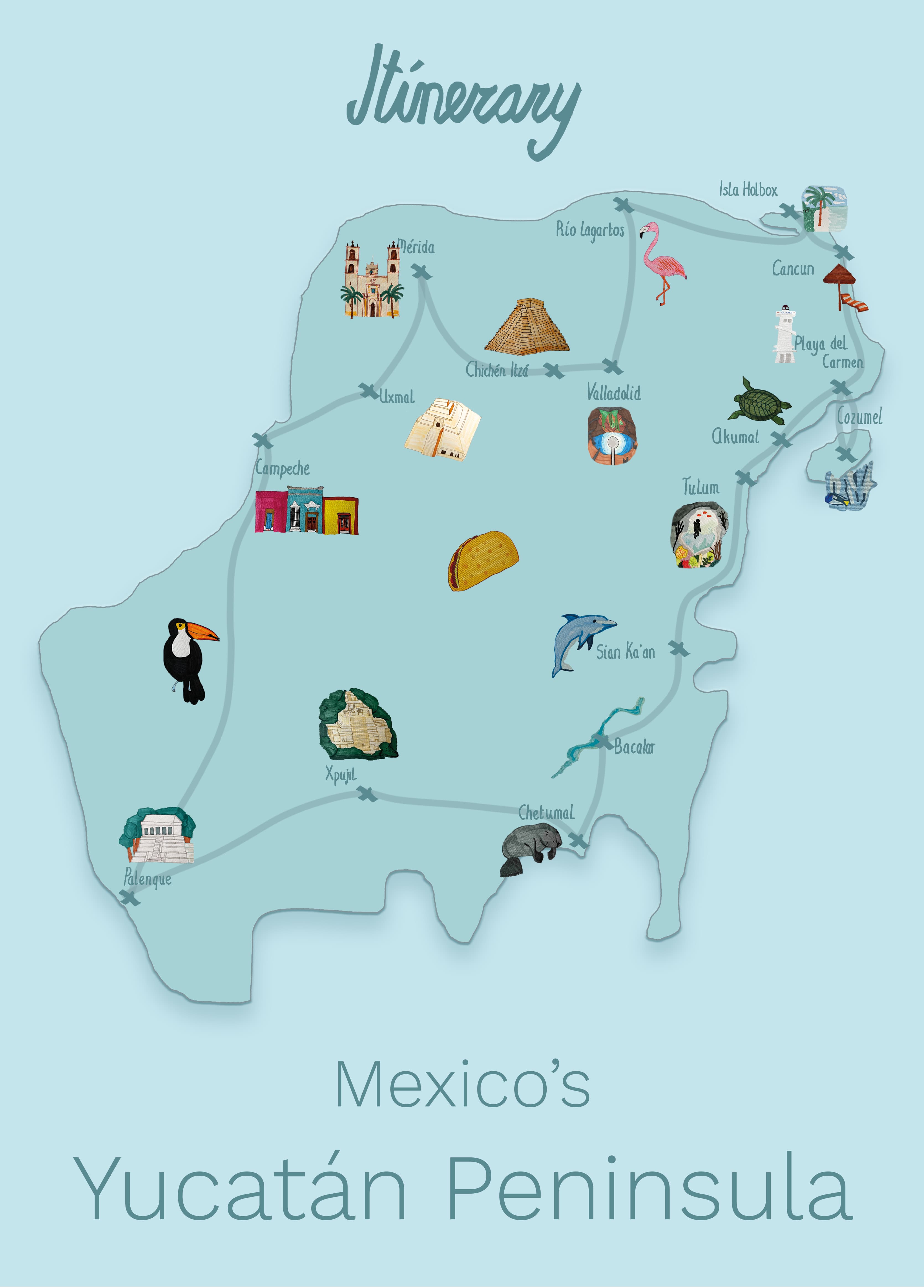 An illustrated itinerary map of the Yucatan Peninsula: A detailed illustrated map showing the road trip itinerary through Mexico's Yucatan Peninsula.