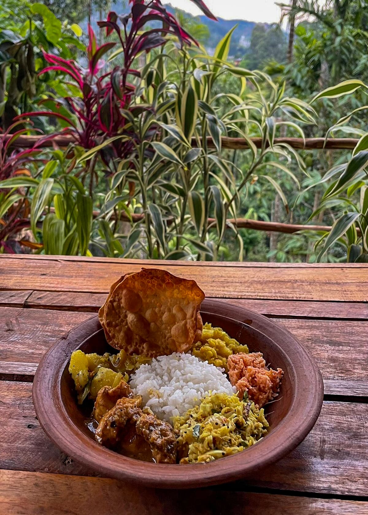 Traditional rice and curry served in a clay bowl on a wooden table in Ella, Sri Lanka. The plate includes rice, vegetable curries, papadum, and sambal, with lush jungle views in the background. Overcast skies create soft natural light.