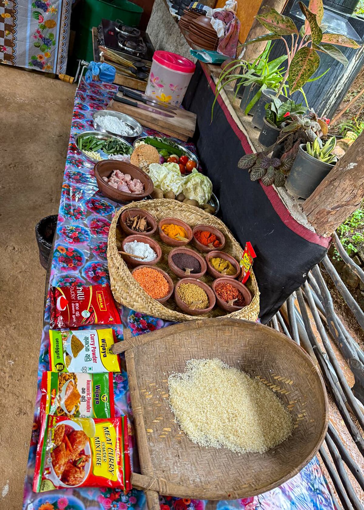 Fresh ingredients and spices laid out for a cooking class in Ella, Sri Lanka. Bowls of rice, lentils, curry powders, vegetables, and raw chicken sit on a colorful table in a rustic open-air kitchen. The scene is shaded with natural daylight.